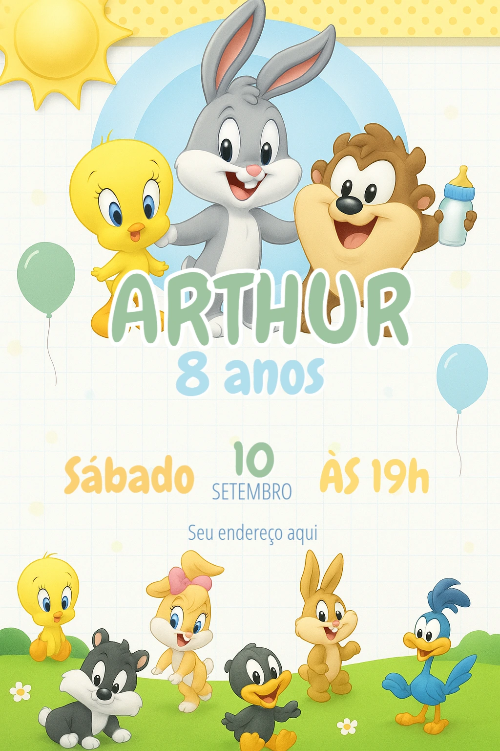 Convite Aniversário Baby Looney Tunes para Editar Online