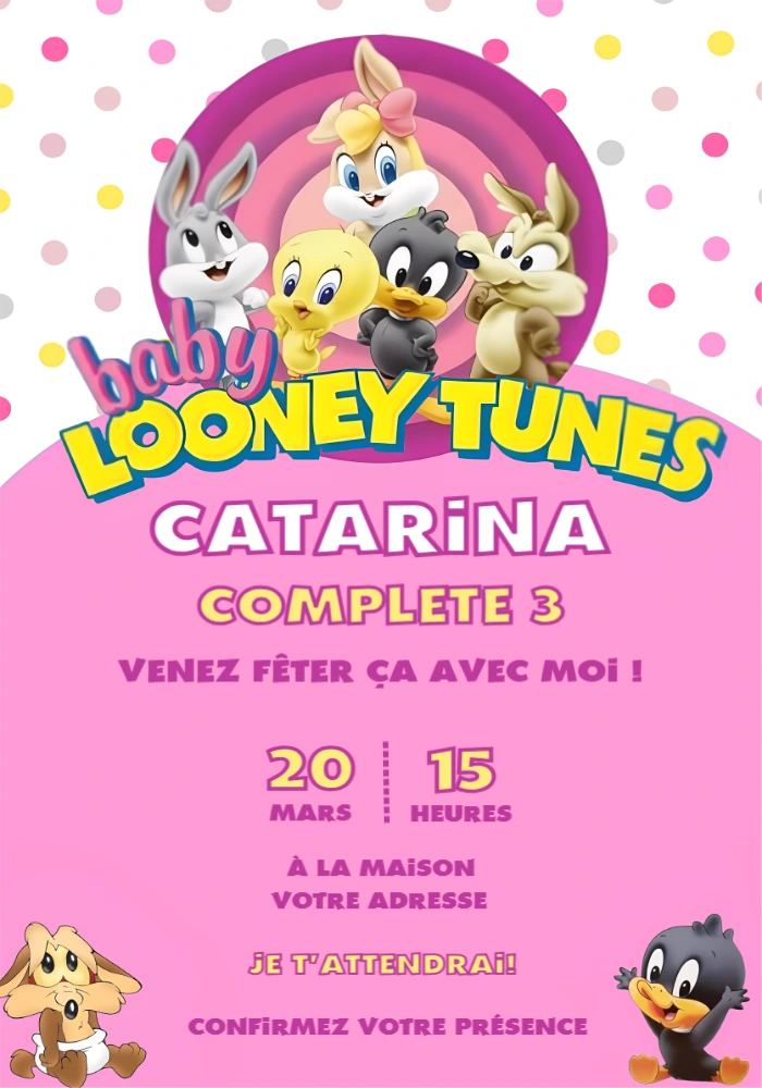 Invitation Anniversaire Baby Looney Tunes Rose à Modifier