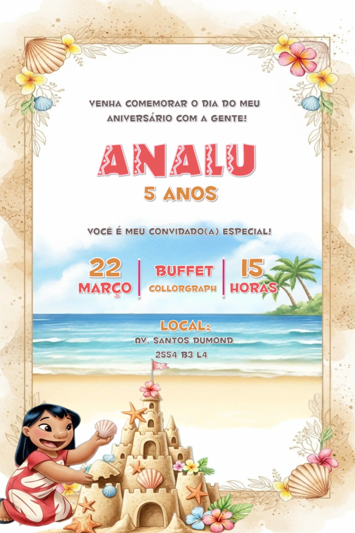 Convite Aniversário Lilo e Stitch Praia para Editar Online