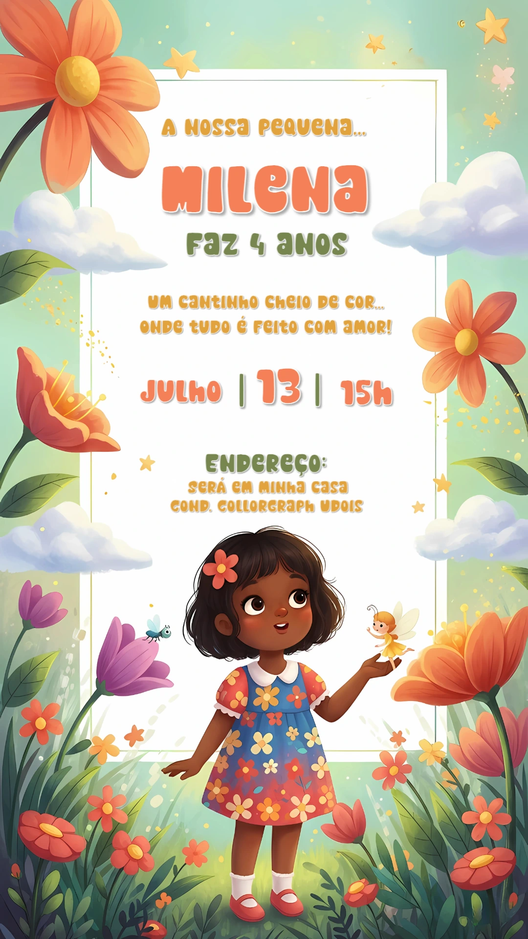 Convite Aniversário Jardim Encantado com Menina para Editar