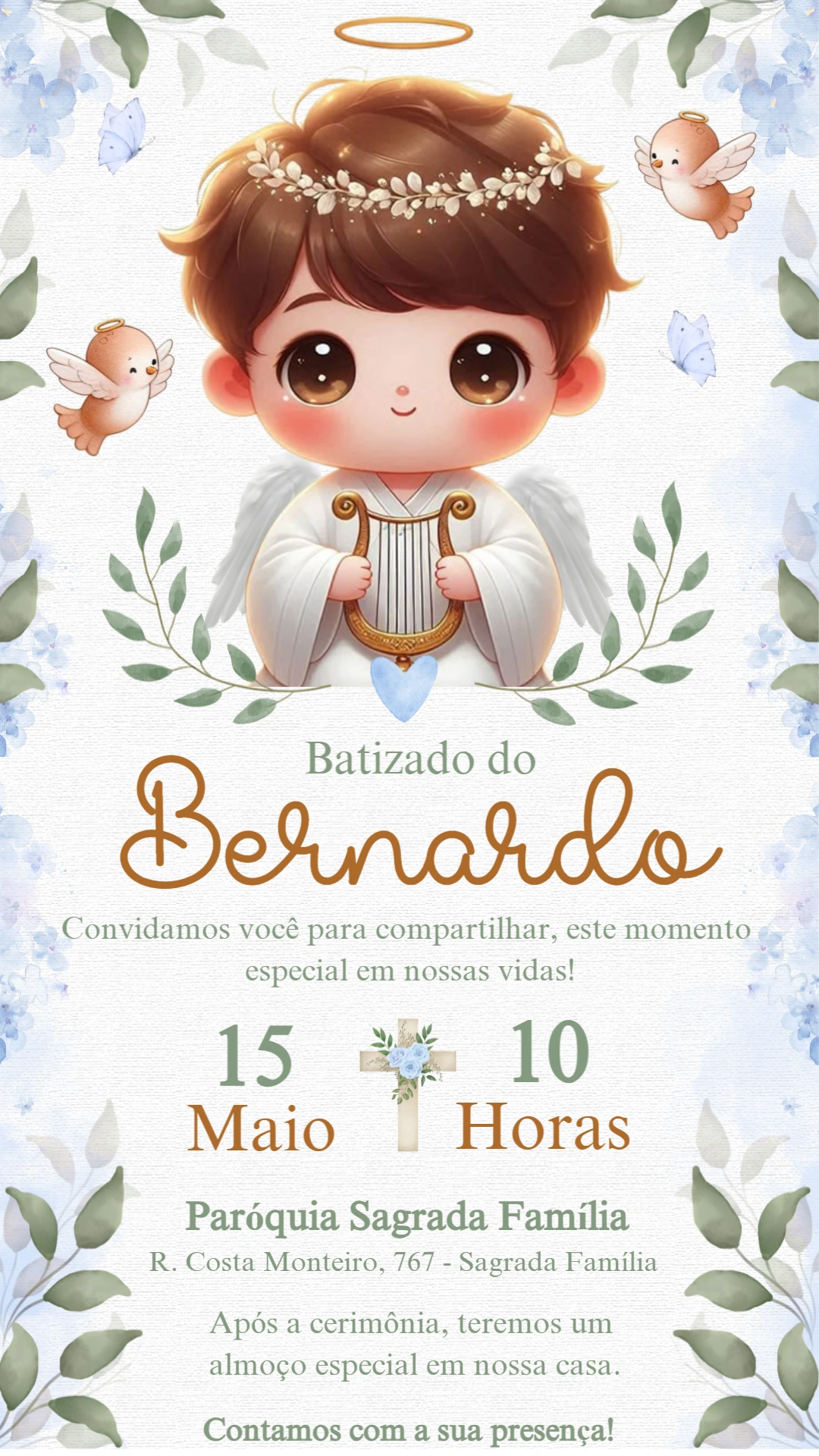 Convite de Batizado Anjinho Menino para Editar Online
