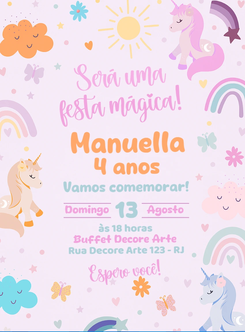Convite de Aniversário Unicórnio Mágico para Editar Online