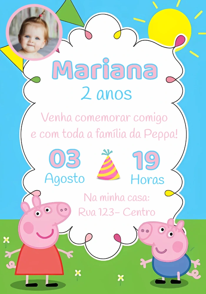 Convite Aniversário Peppa Pig e George com Foto para Editar Online