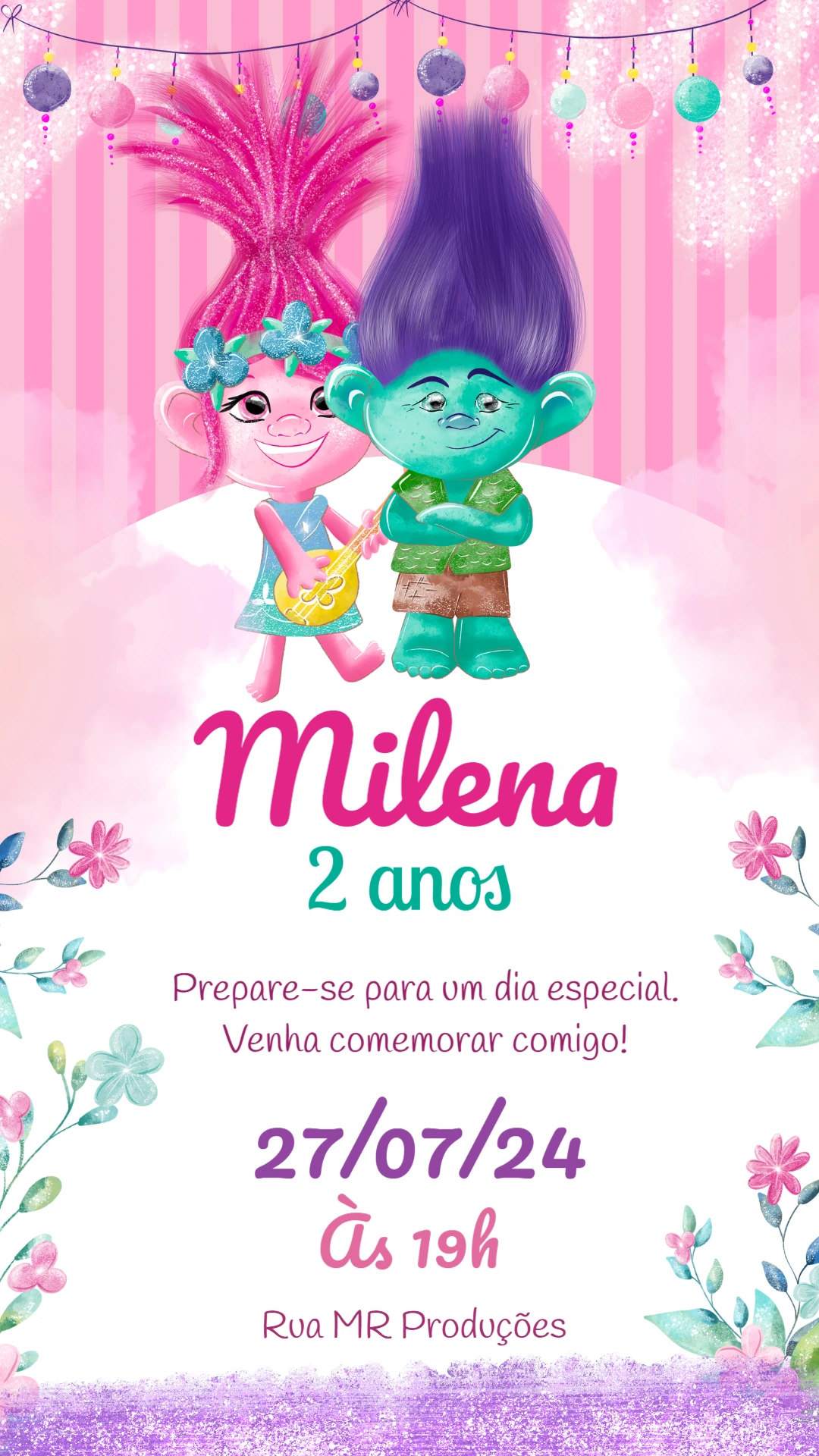 Convite de Aniversário Trolls com Poppy e Branch para Editar