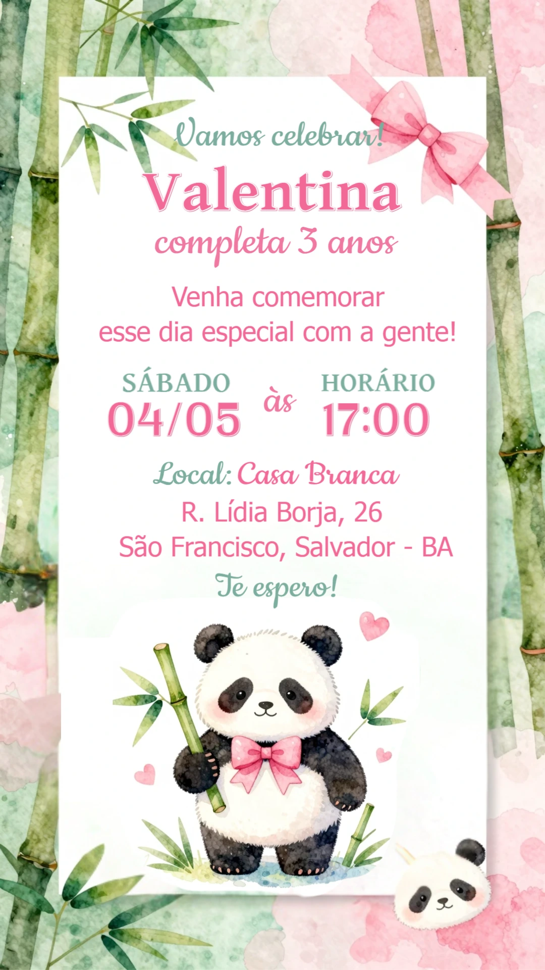 Convite de Aniversário Digital Panda Fofo Aquarela para Editar