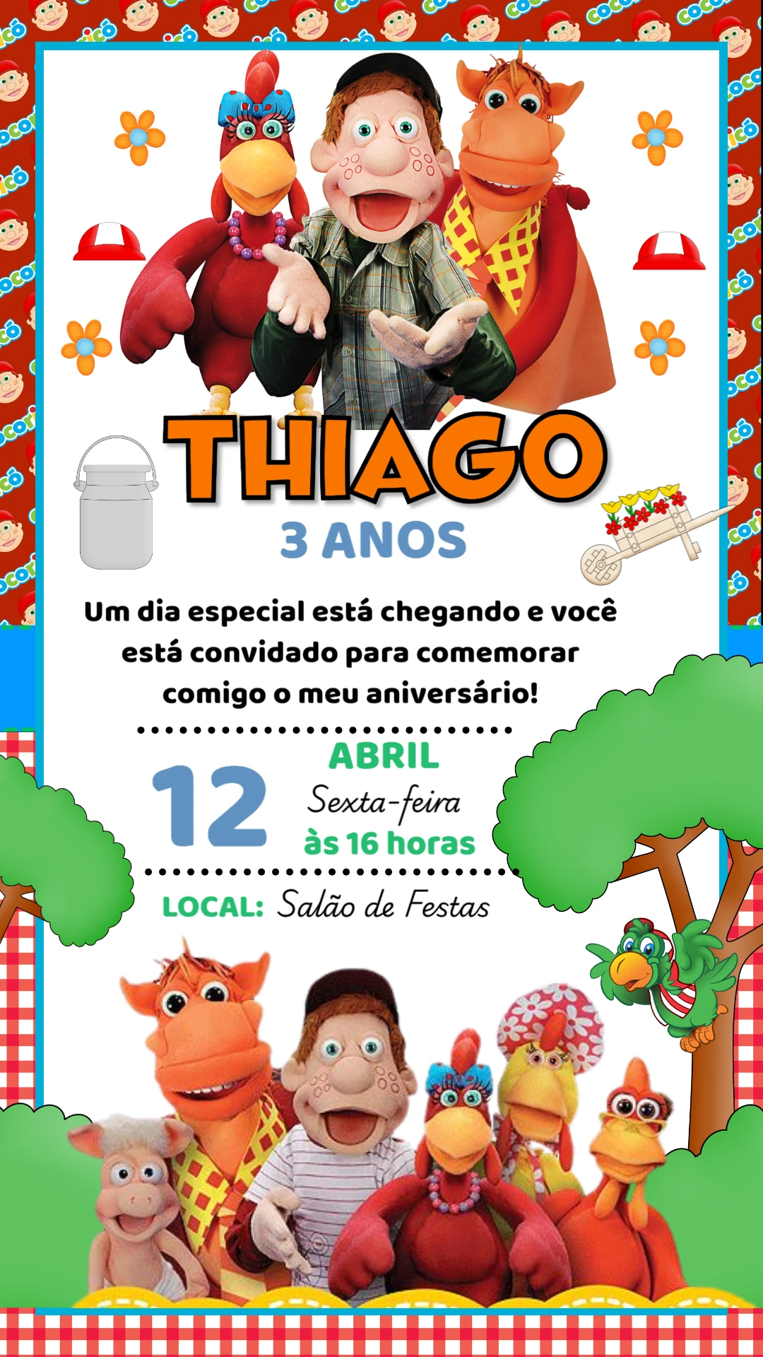 Convite de Aniversário Cocoricó com a Turma para Editar Online