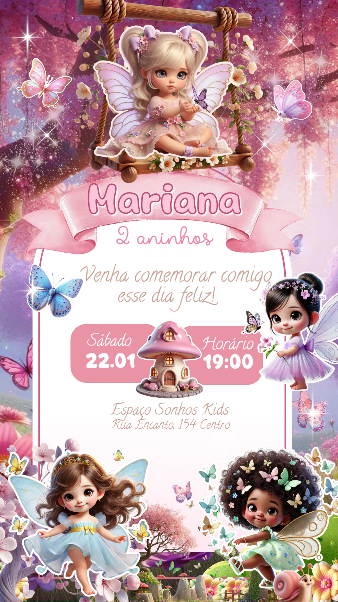 Convite Aniversário Fadas Encantadas para Editar Online