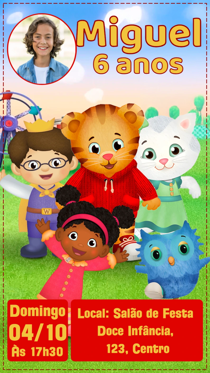 Convite Aniversário Daniel Tigre com Foto para Editar Online