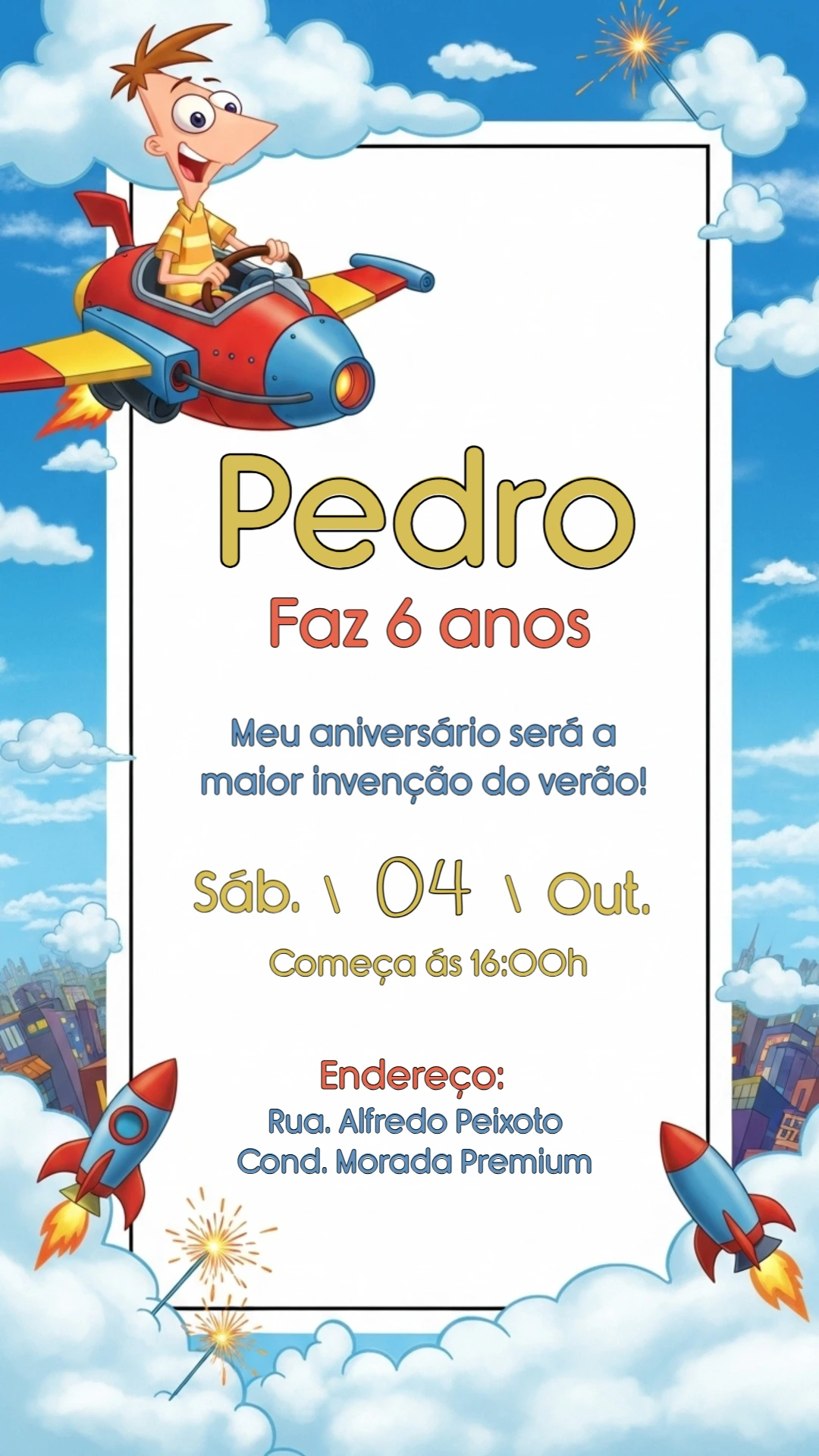 Convite Aniversário Phineas e Ferb para Editar Online