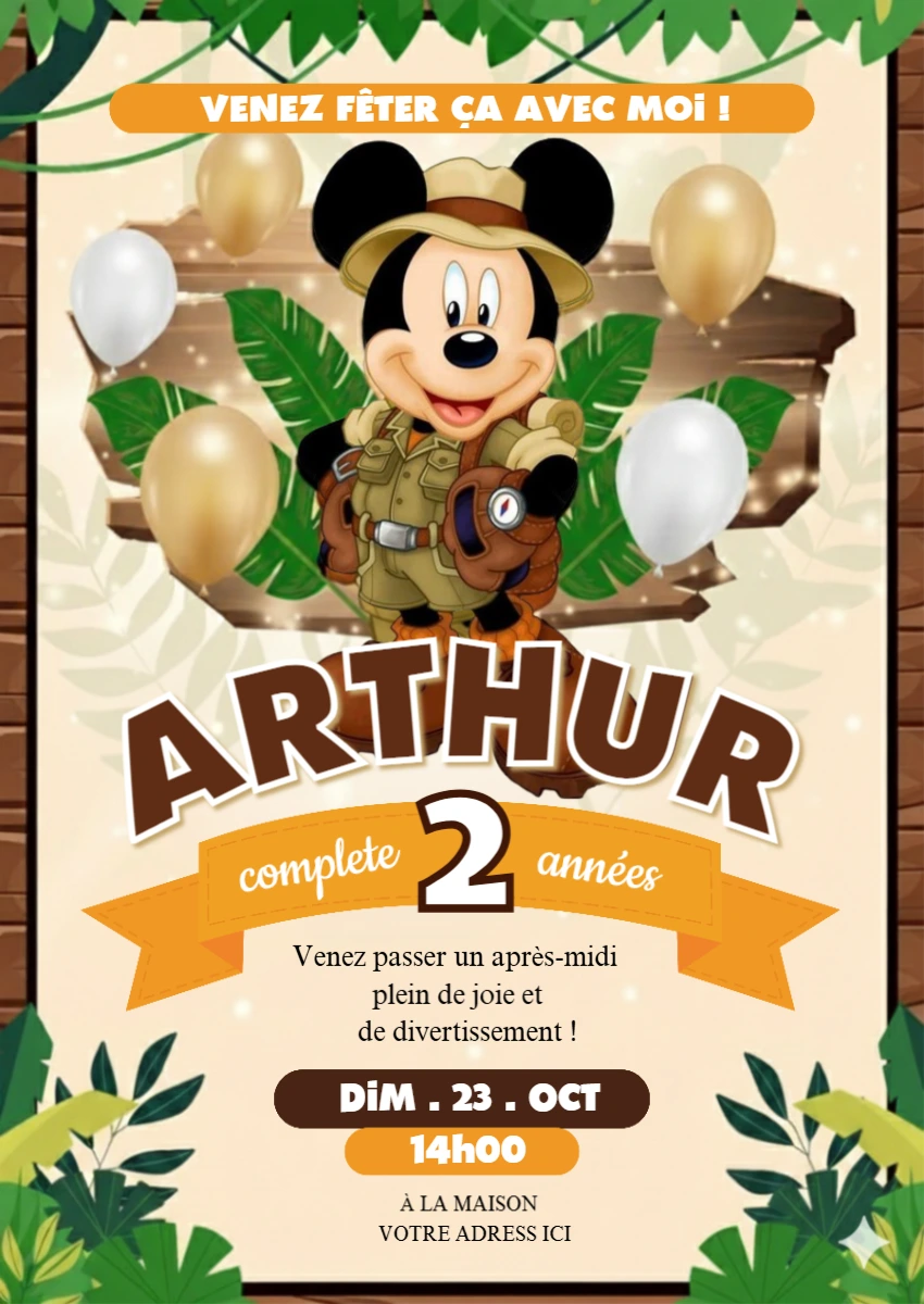 Invitation Anniversaire Mickey Safari à Modifier en Ligne