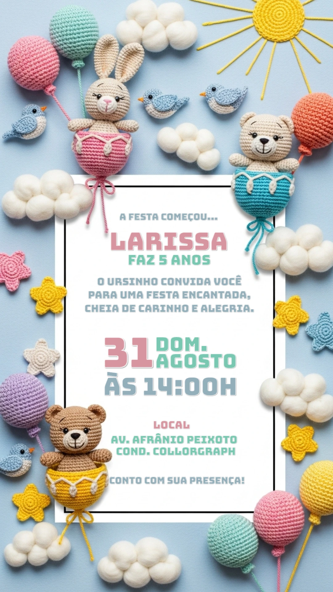 Convite de Aniversário Amigurumi Ursinho para Editar Online