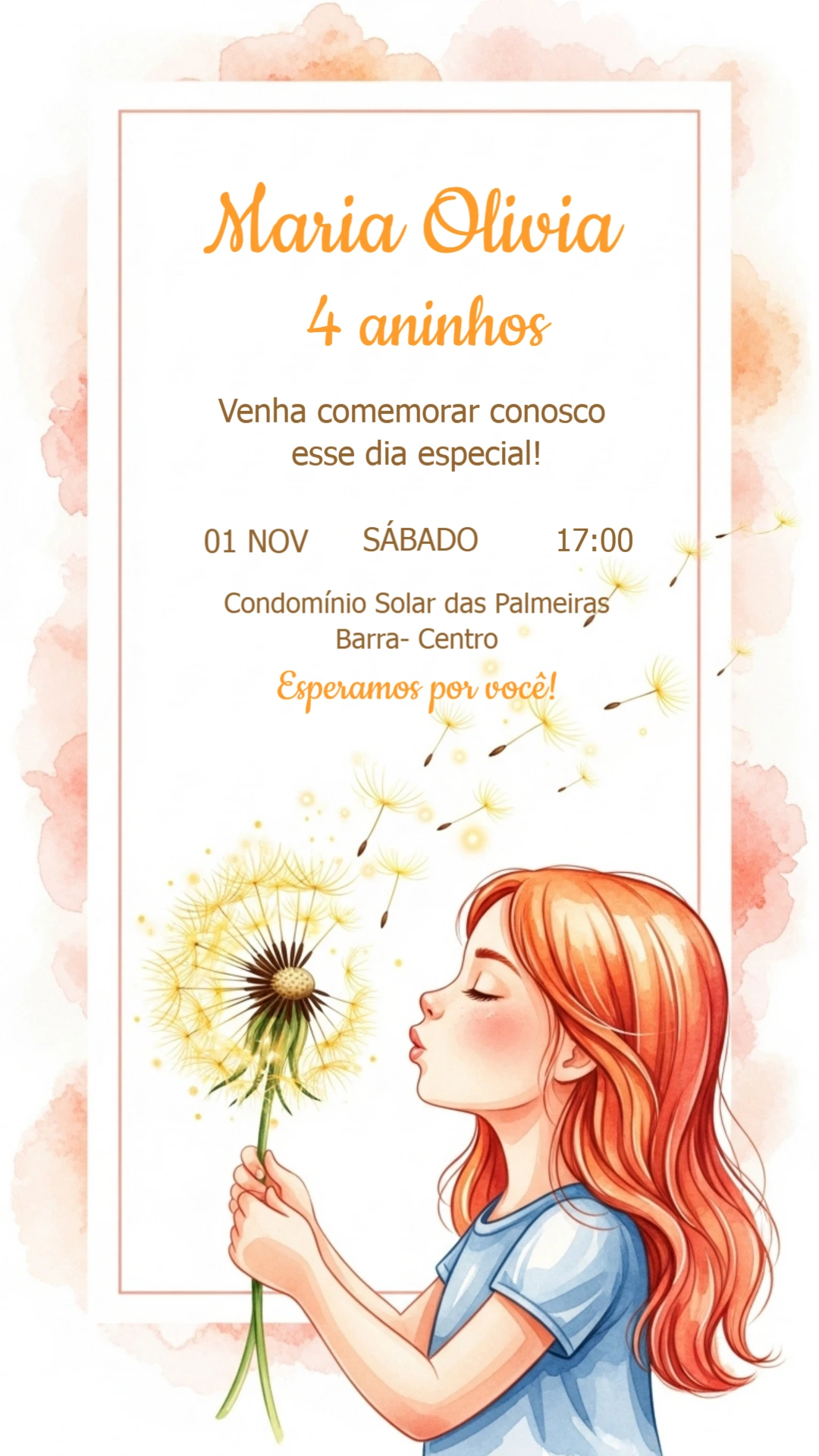 Convite Aniversário Dente de Leão com Menina para Editar