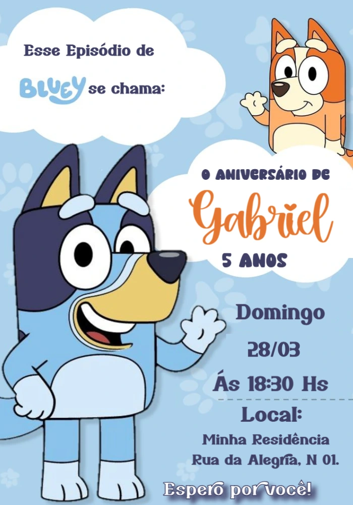 Convite de Aniversário Bluey e Bingo Editável para Enviar