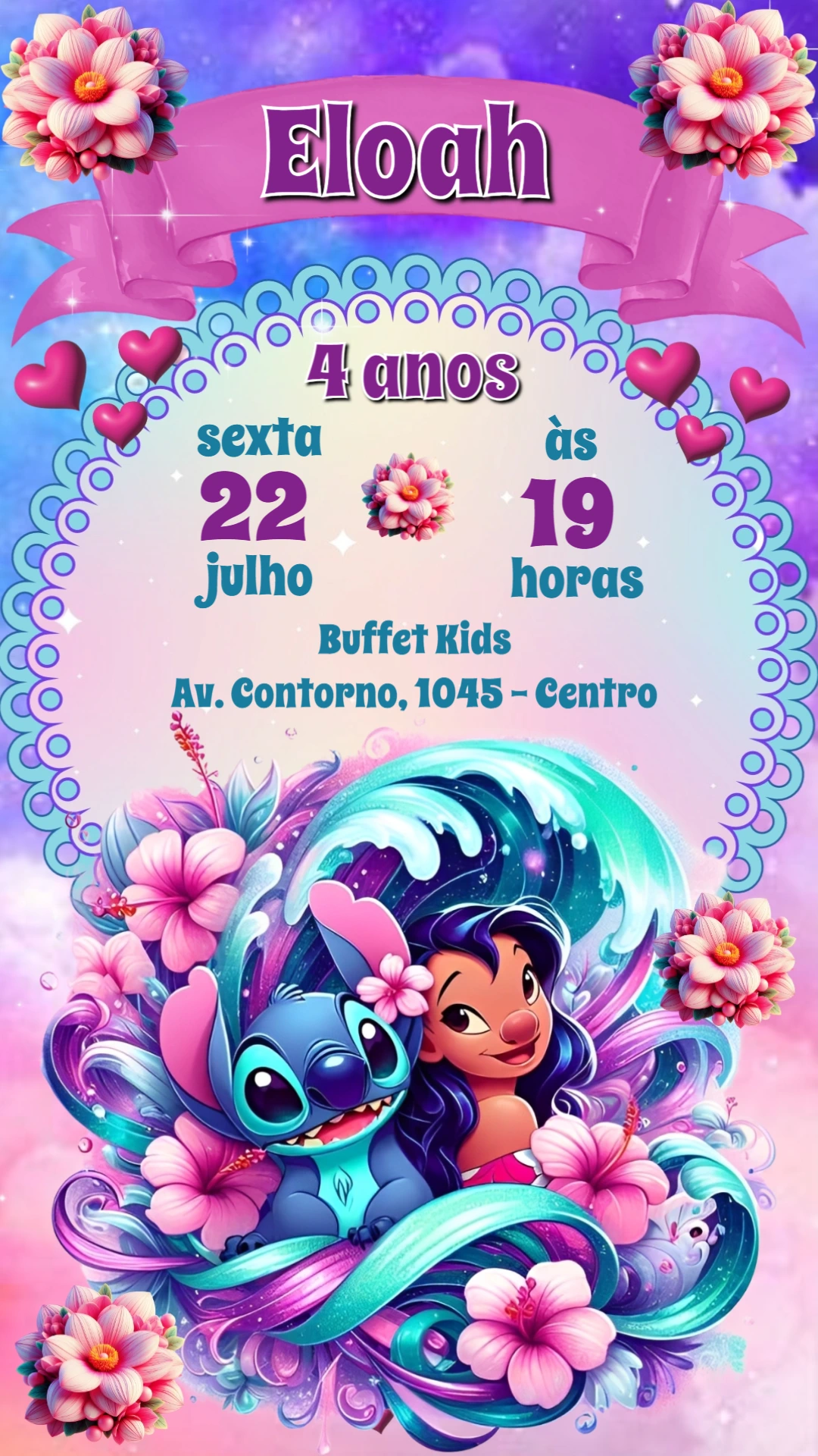 Convite de Aniversário Lilo e Stitch para Editar Online