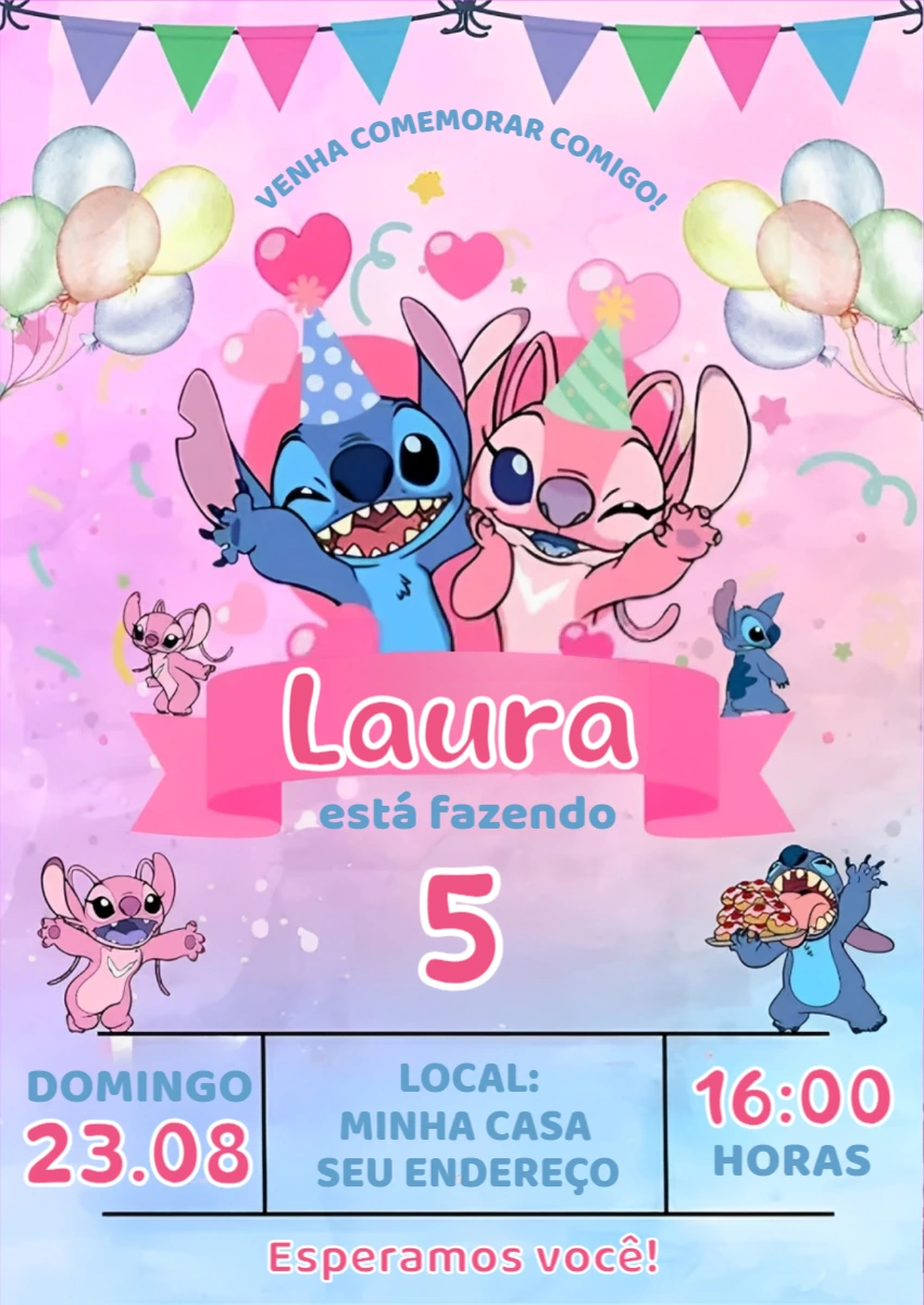 Convite Aniversário Stitch e Angel para Editar Online