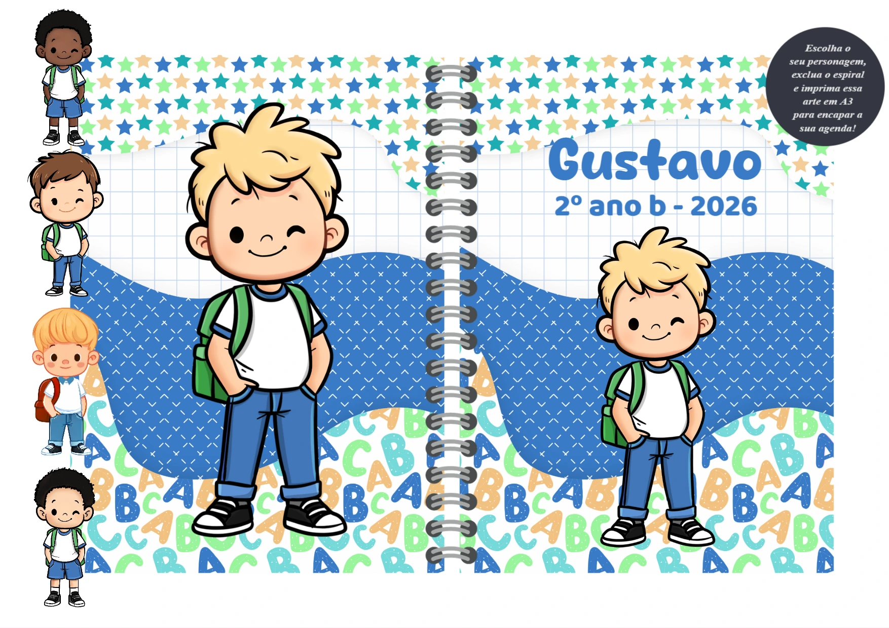 Capa de Agenda Escolar Menino com Personagens para Editar