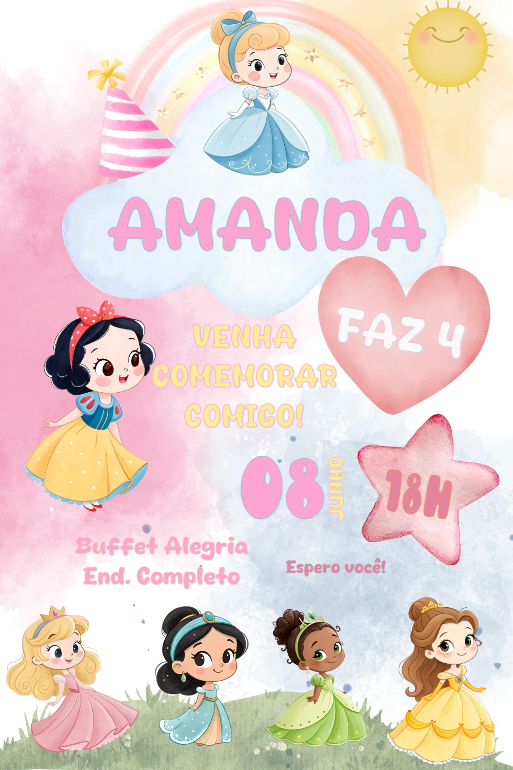 Convite Aniversário Princesas Disney Aquarela para Editar