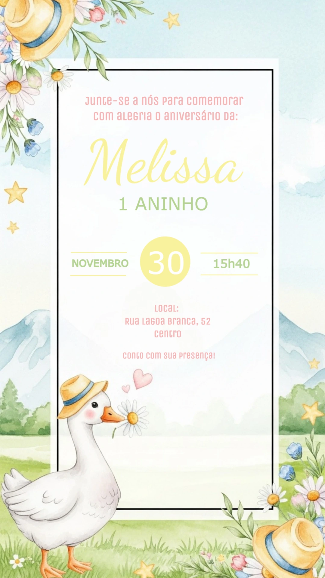 Convite Aniversário Ganso Aquarela para Editar Online