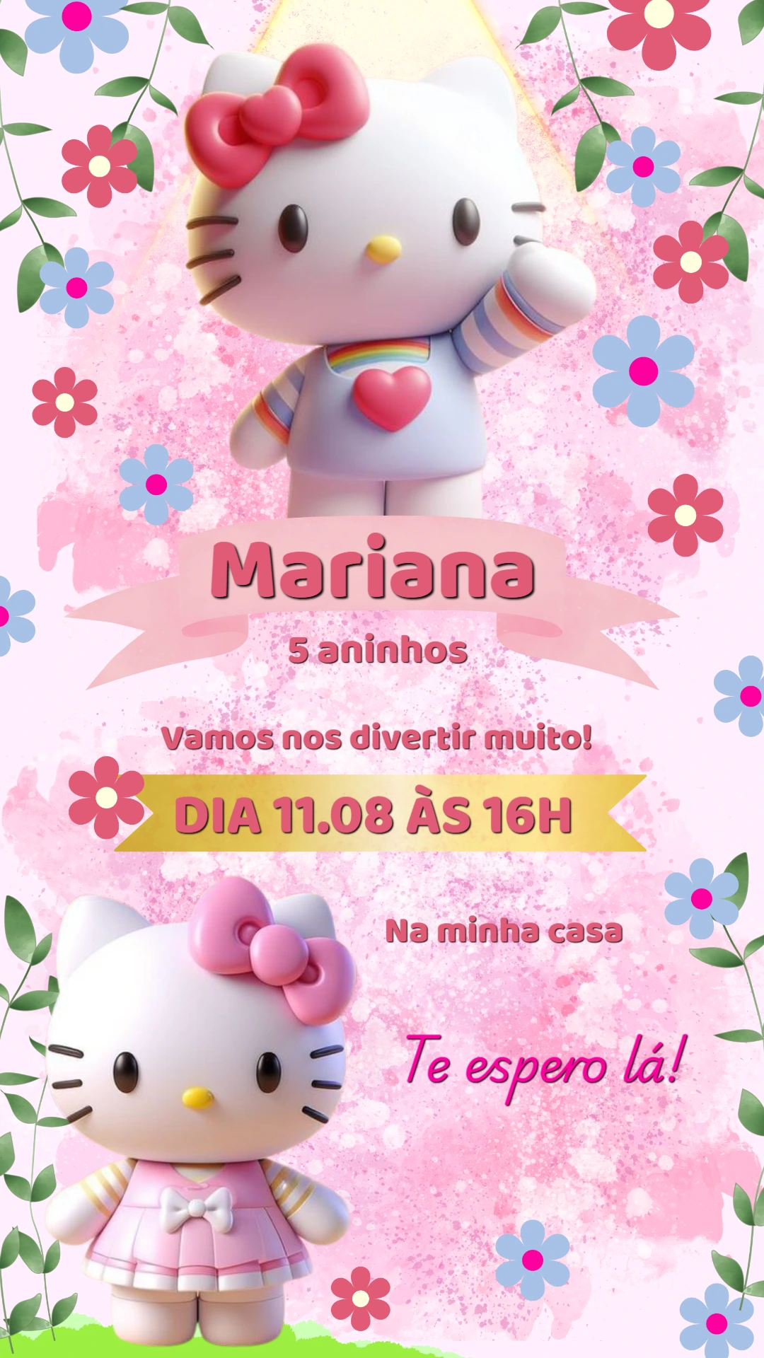 Convite de Aniversário Hello Kitty 3D Rosa para Editar