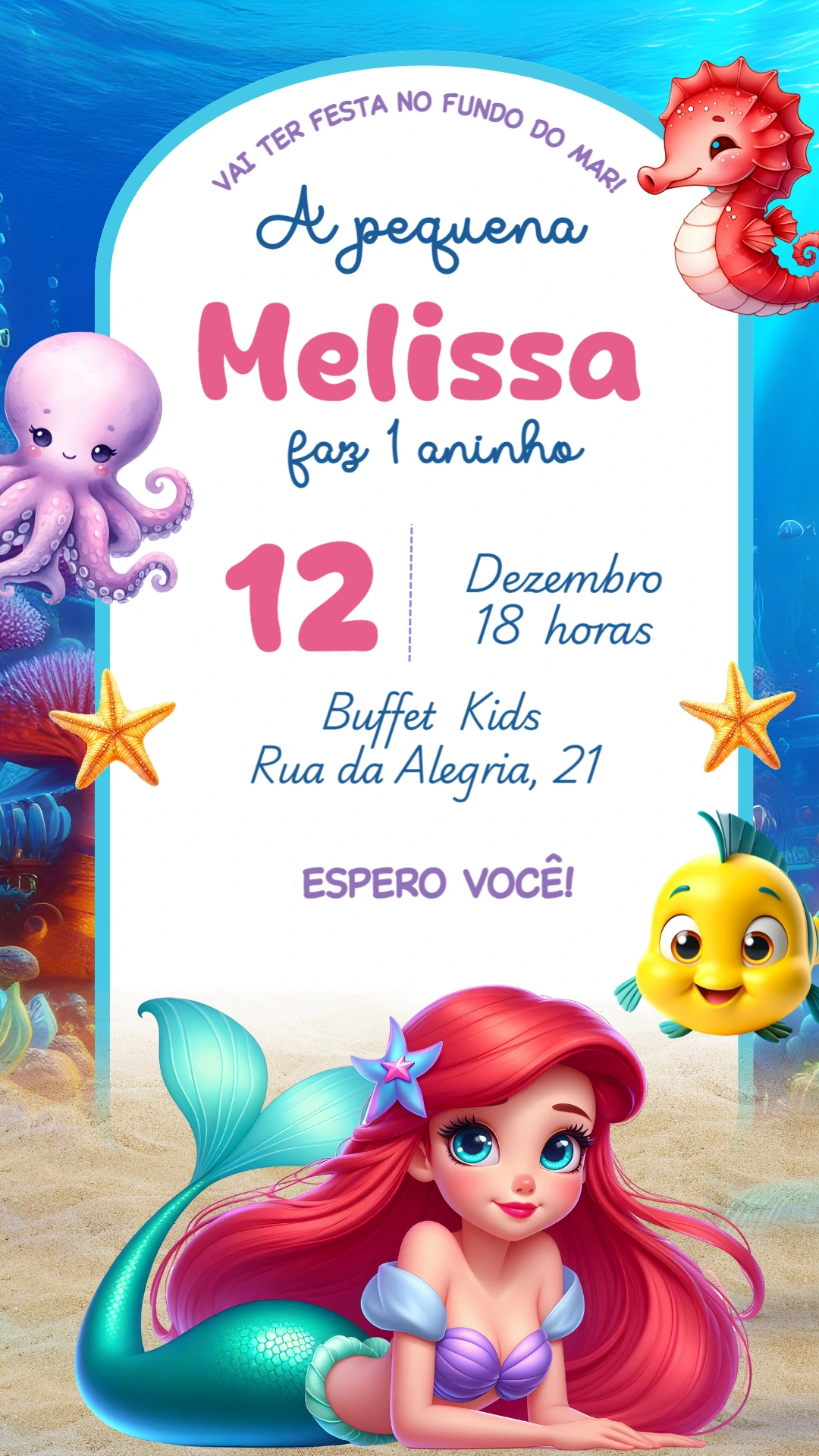 Convite Aniversário Pequena Sereia para Editar Online