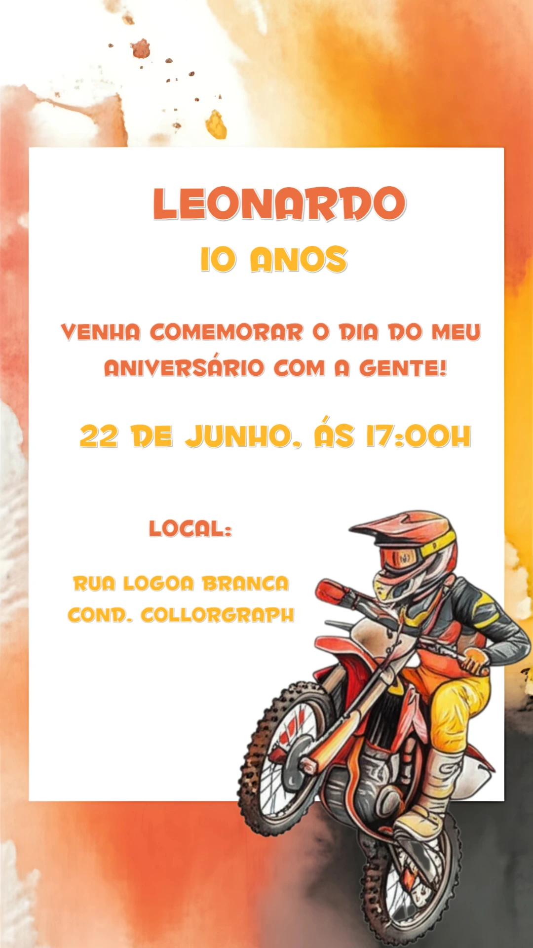 Convite de Aniversário Motocross Editável para Enviar Online