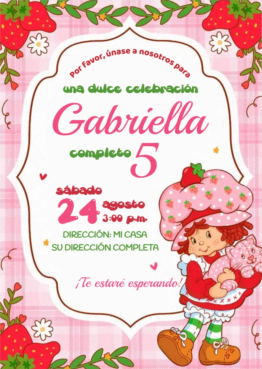 Invitación de Cumpleaños Rosita Fresita Rosa Modelo Editable