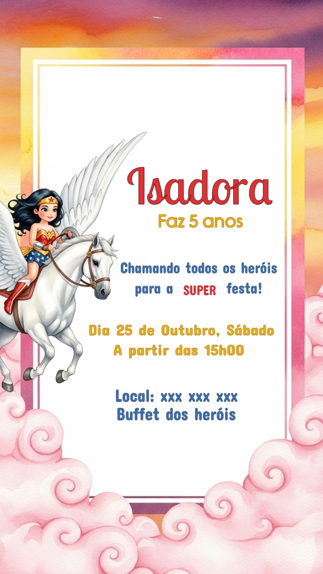 Convite Aniversário Mulher Maravilha Fofa para Editar Online