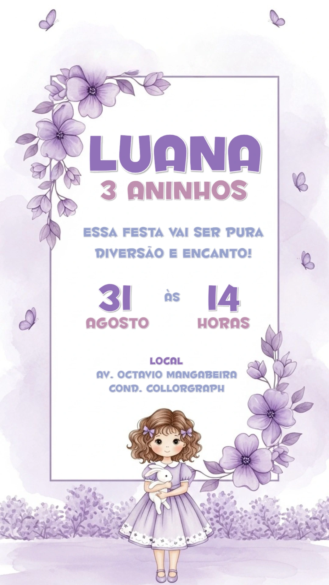 Convite Aniversário Jardim Encantado Lilás para Editar Online