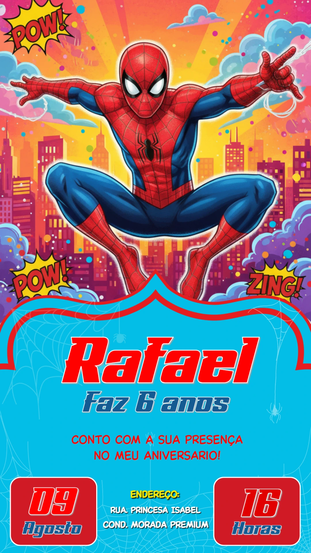 Convite de Aniversário Homem-Aranha para Editar Online