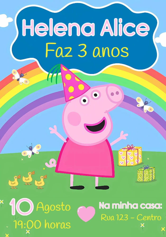 Convite Aniversário Peppa Pig com Arco-Íris para Editar
