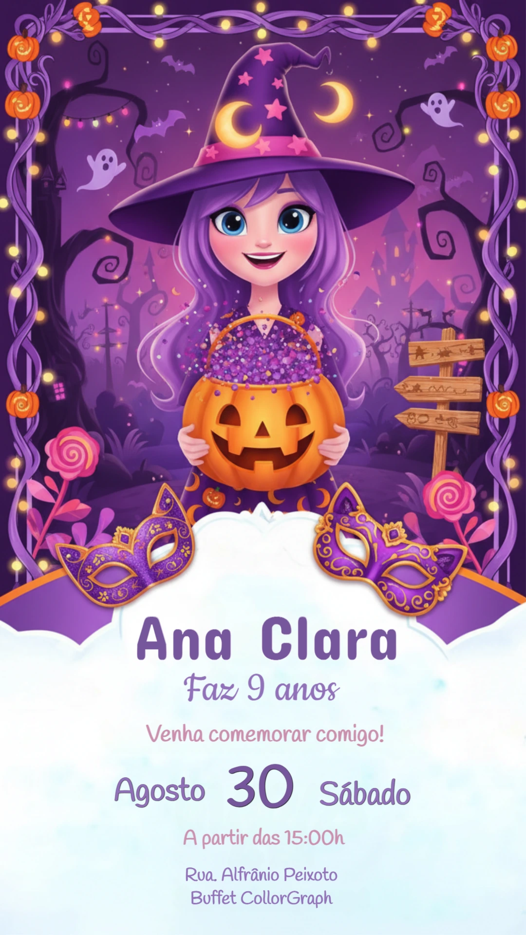 Convite de Aniversário Halloween Bruxinha Roxo para Editar