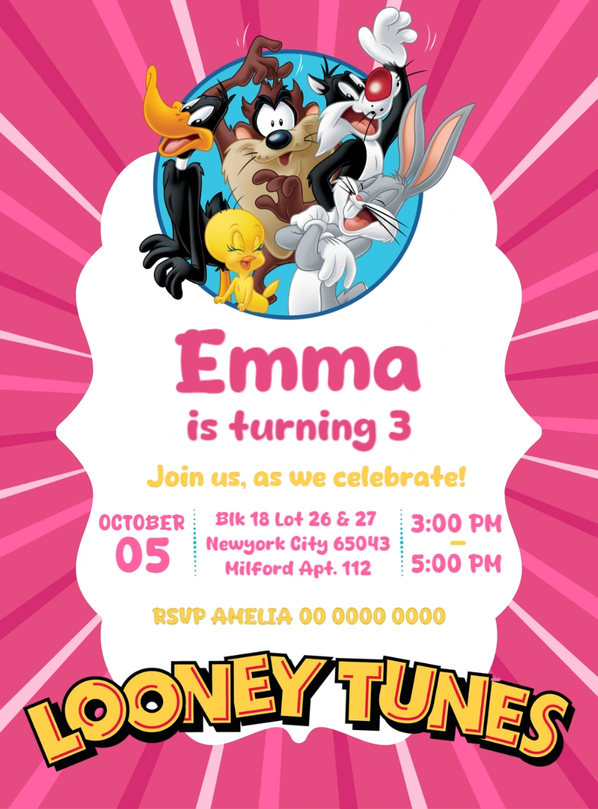 Editable Looney Tunes Birthday Invitation with Characters