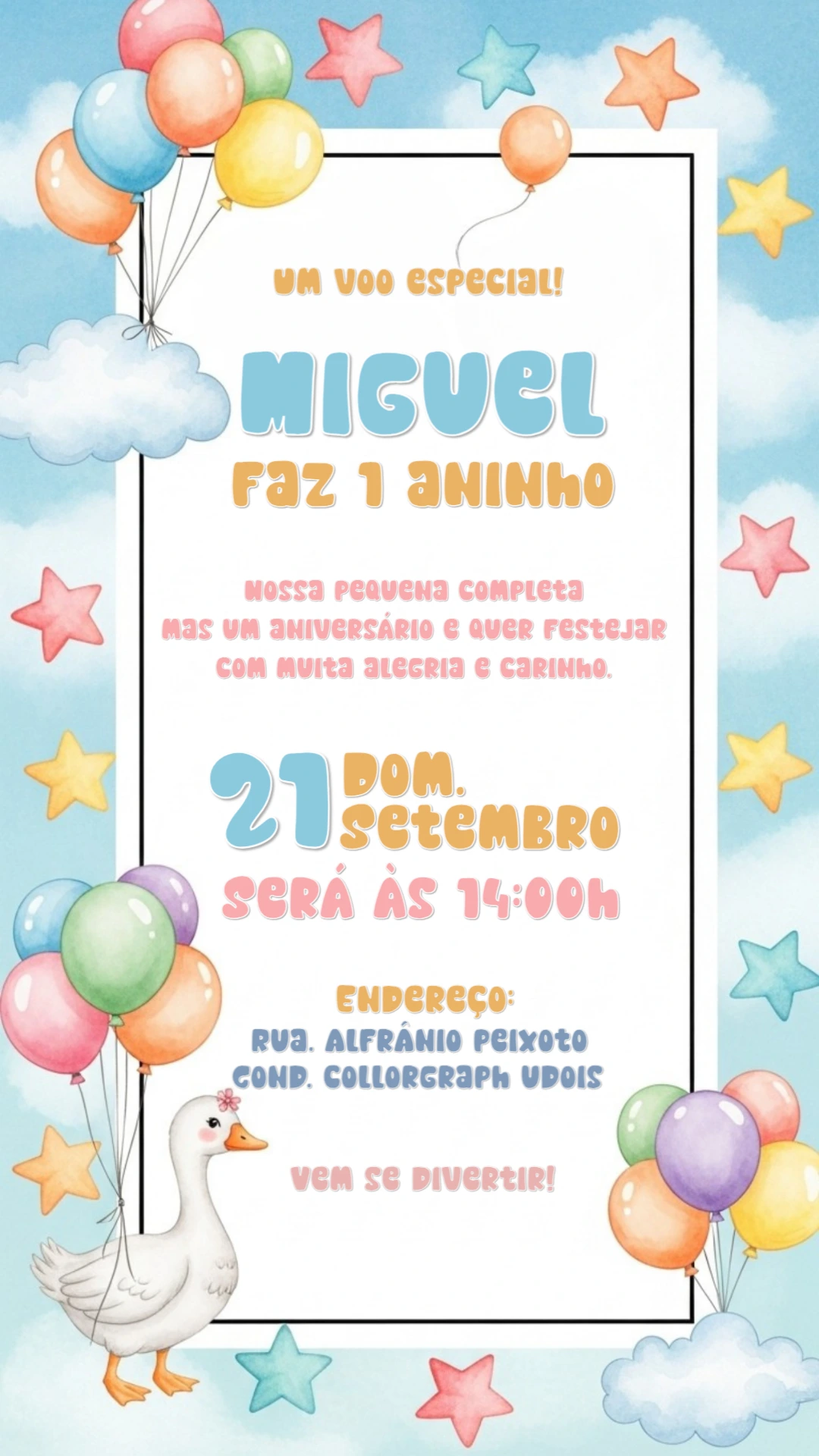Convite de Aniversário Ganso com Balões para Editar Online