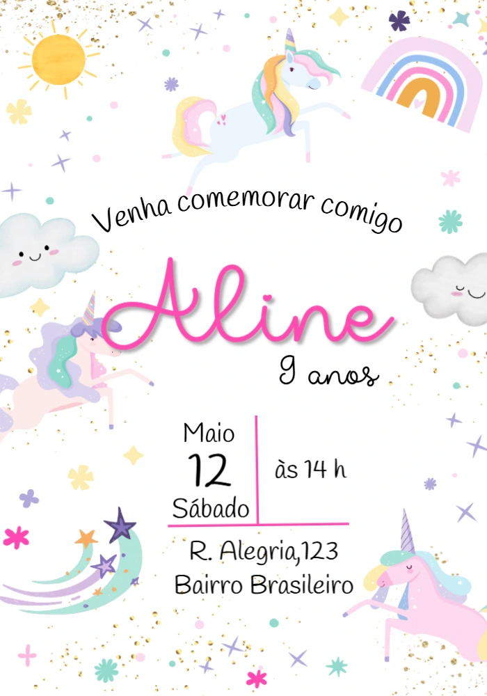 Convite de Aniversário Unicórnio Mágico para Editar Online