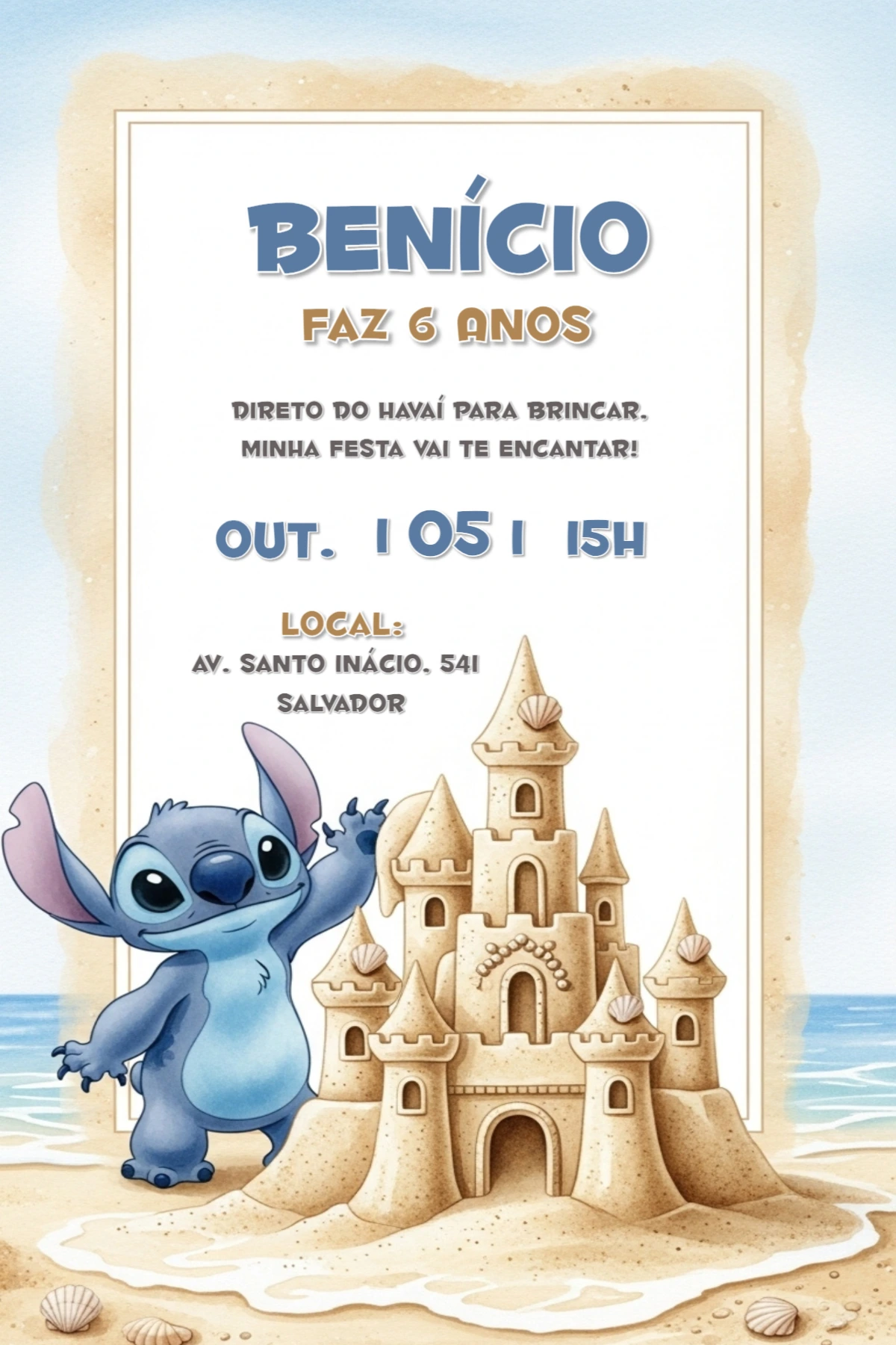 Convite de Aniversário Stitch na Praia para Editar Online