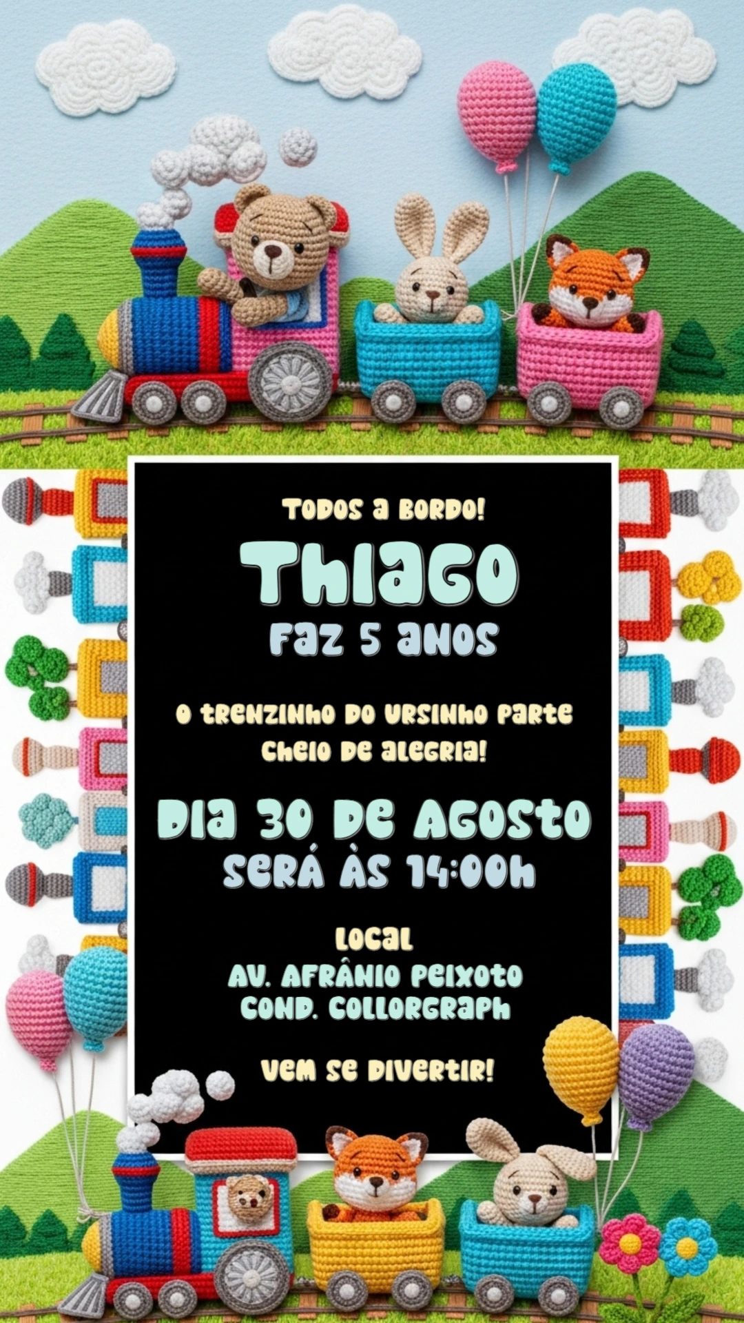 Convite de Aniversário Trenzinho Amigurumi para Editar Online