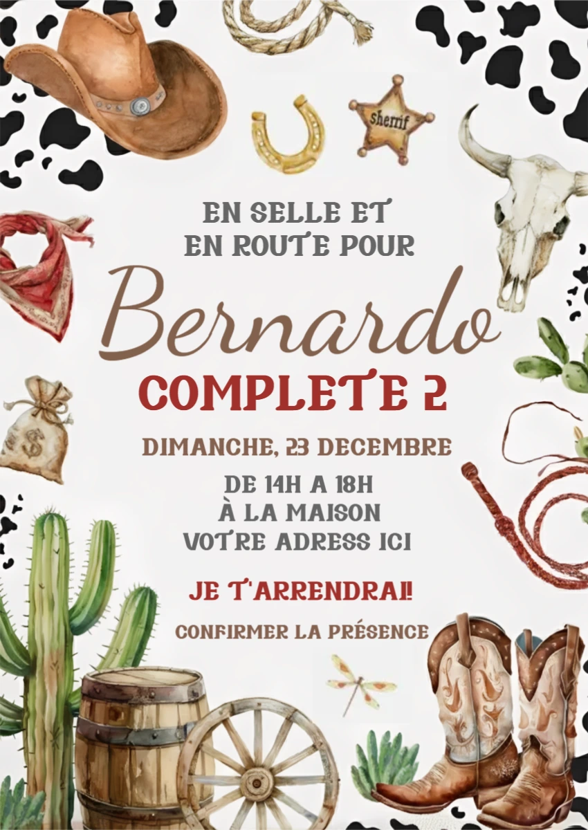 Invitation anniversaire thème Cowboy Western - Modèle à modifier