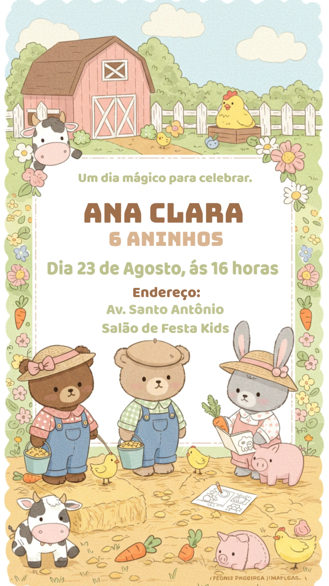 Convite Aniversário Fazendinha com Animais Fofos para Editar