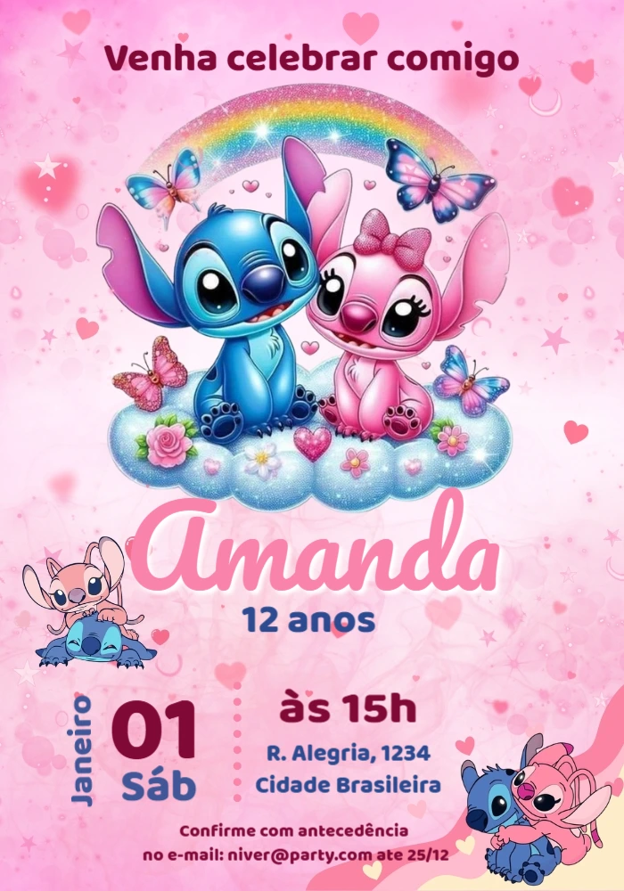 Convite Digital Editável Aniversário Stitch e Angel Rosa