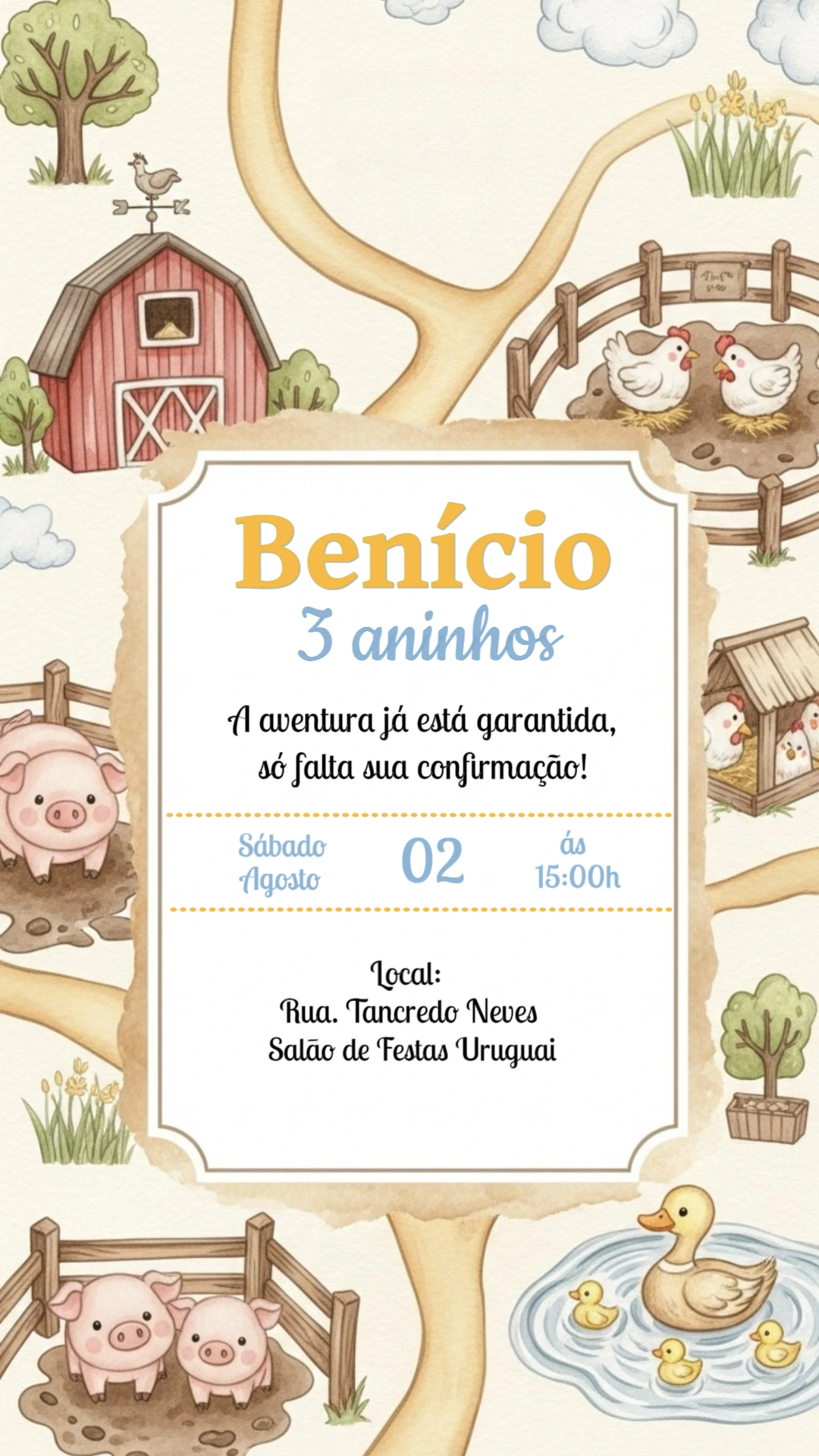 Convite Aniversário Fazendinha com Animais para Editar Online