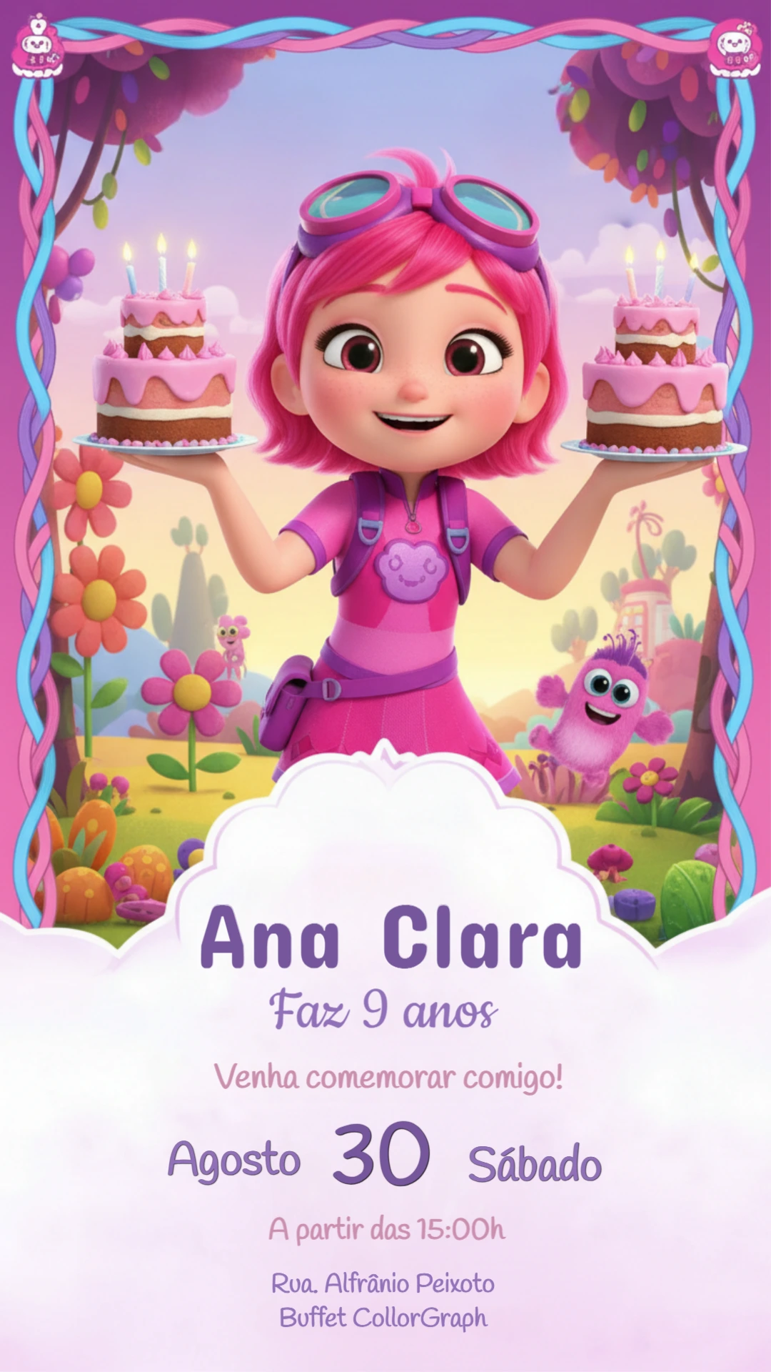 Convite de Aniversário Infantil Menina Aventureira Rosa Editável