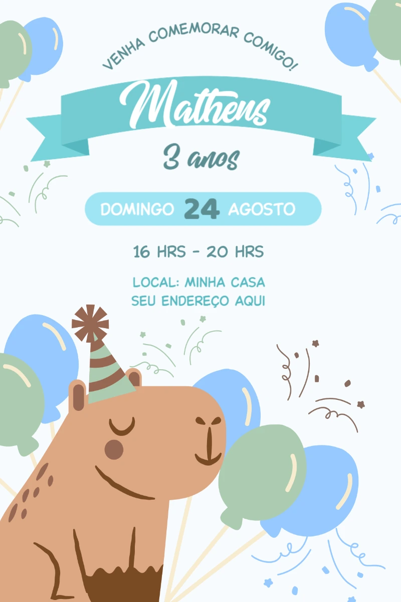 Convite de Aniversário Capivara Fofa para Editar Online