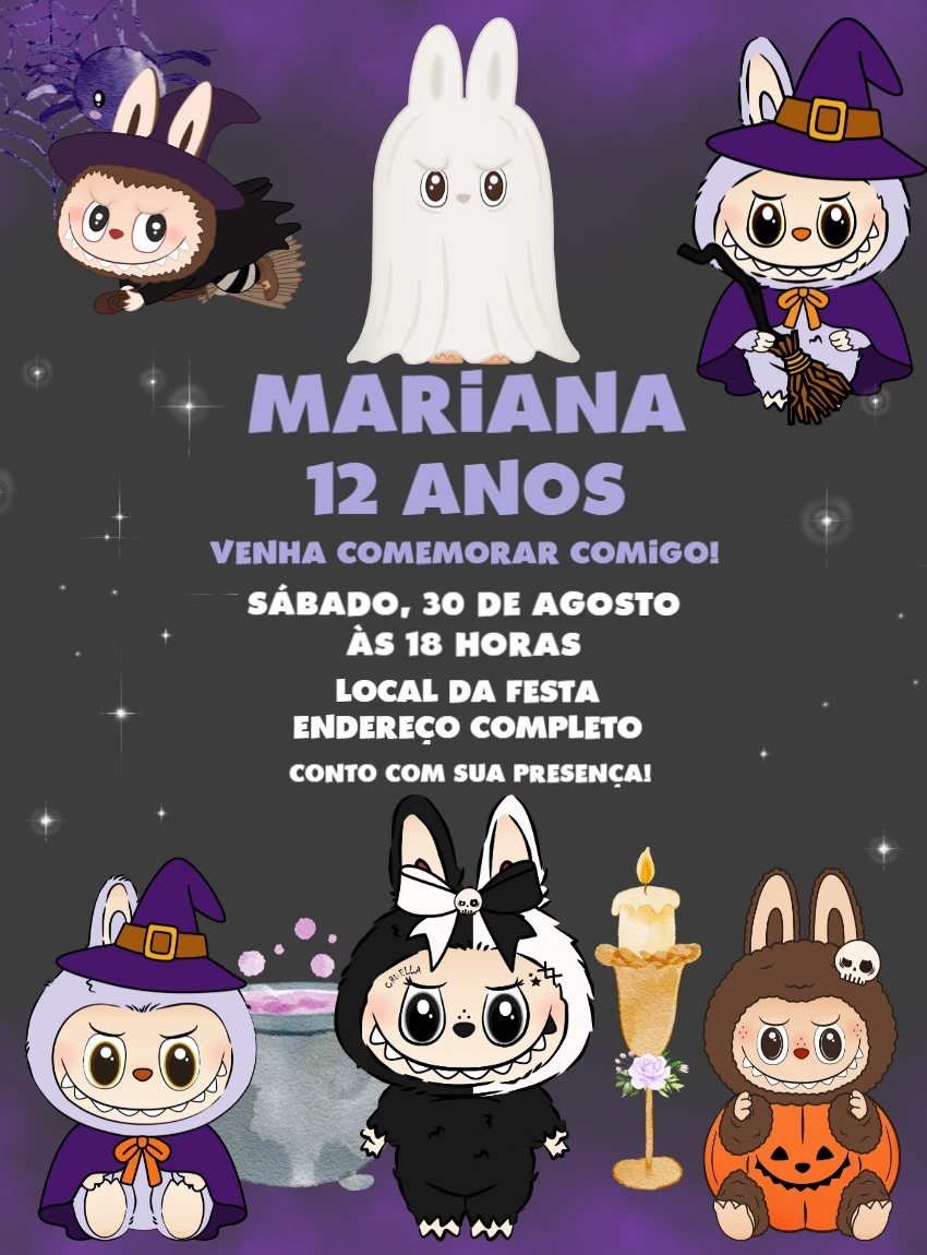 Convite Aniversário Halloween Labubu para Editar Online
