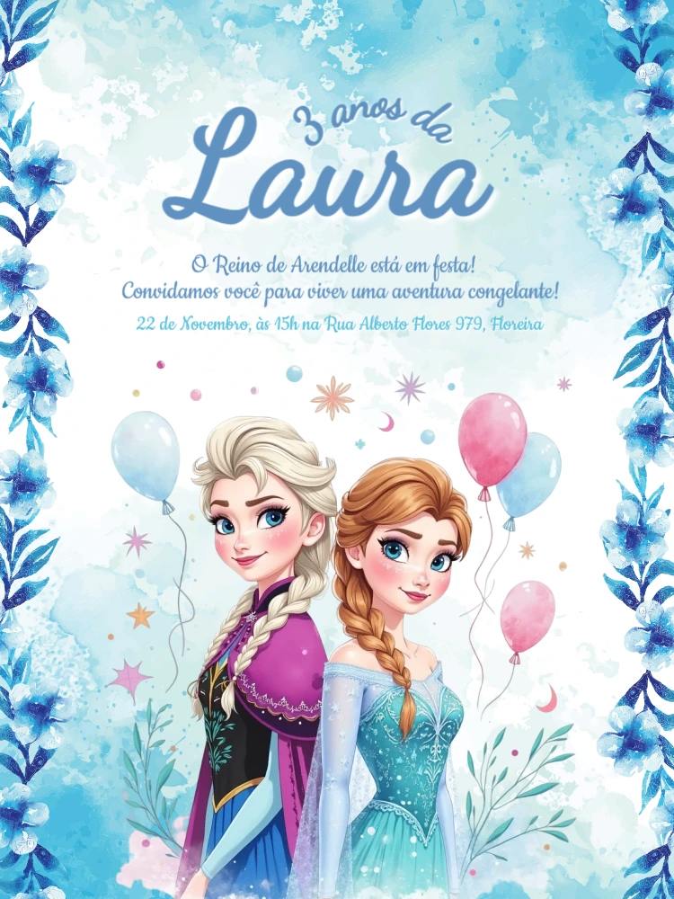 Convite Aniversário Frozen com Elsa e Anna para Editar Online
