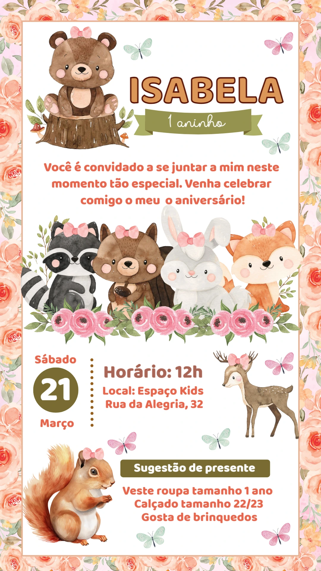 Convite Aniversário Bosque Encantado com Animais para Editar