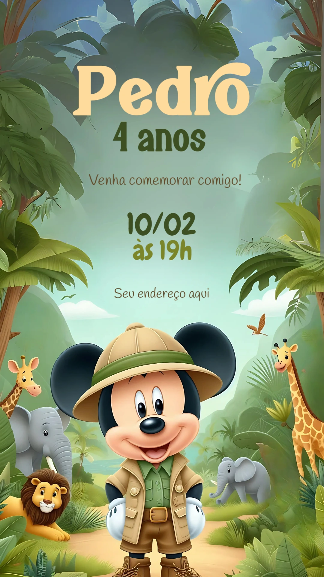 Convite Aniversário Safari do Mickey para Editar Online