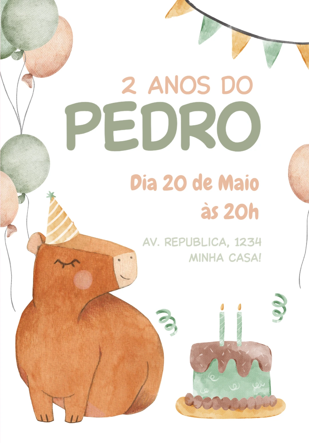 Convite Aniversário Capivara Aquarela para Editar Online