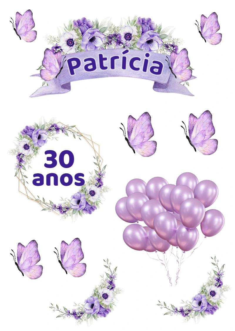 Topo de Bolo Borboleta Lilás para Aniversário para Editar Online