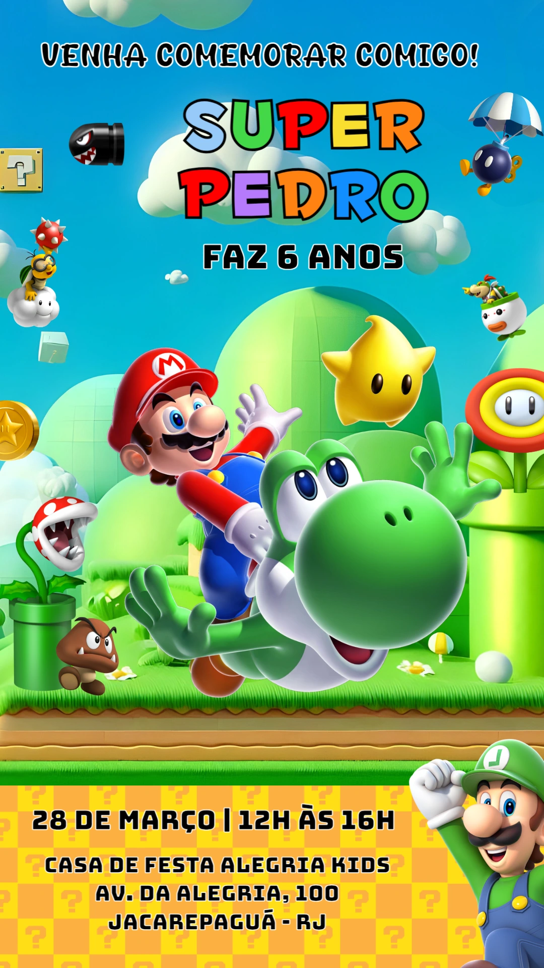 Convite Aniversário Super Mario e Yoshi Editável Online
