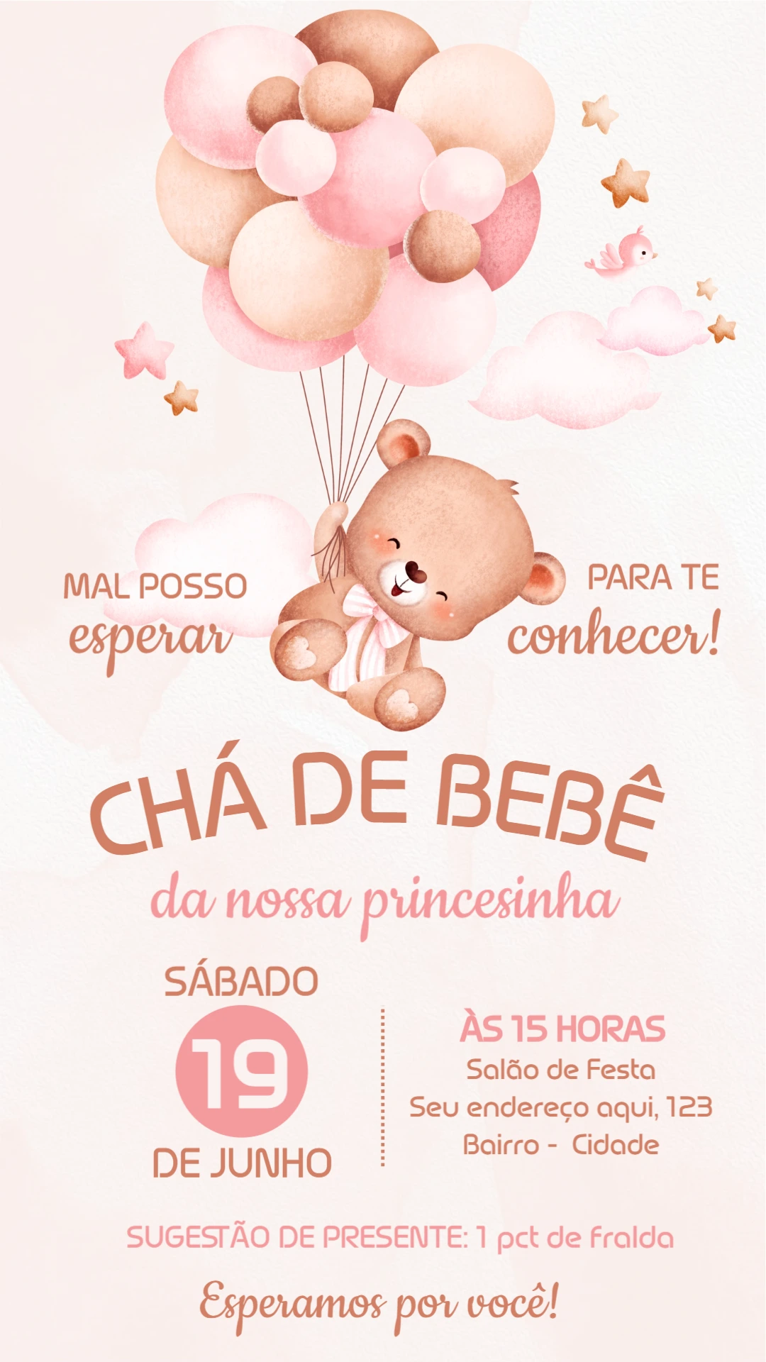 Convite Chá de Bebê Ursinha com Balões para Editar Online